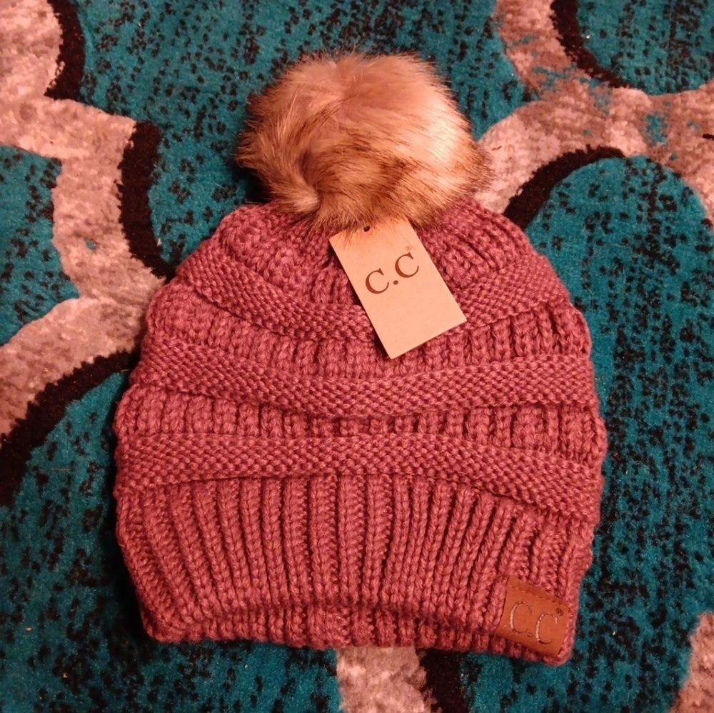 C.C Women's Soft Stretch Cable Knit Faux Fur Pom Beanie Hat